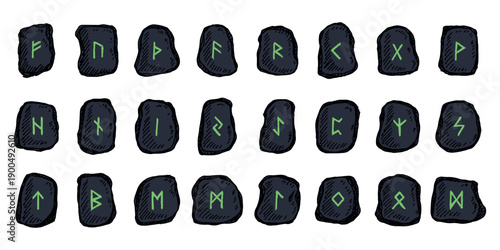 Set of hand drawn viking runes Rune stones with ancient norse alphabet characters engraved on them Scandinavian futhark germanic celtic Single element for design, print, web, decor