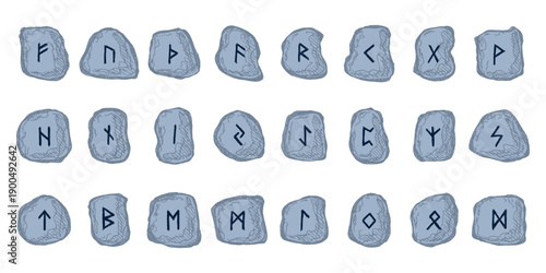 Set of hand drawn viking runes Rune stones with ancient norse alphabet characters engraved on them Scandinavian futhark germanic celtic Single element for design, print, web, decor