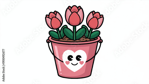 Cute Valentine Flower Dish in Pink Bucket - Sweet Floral Illustration