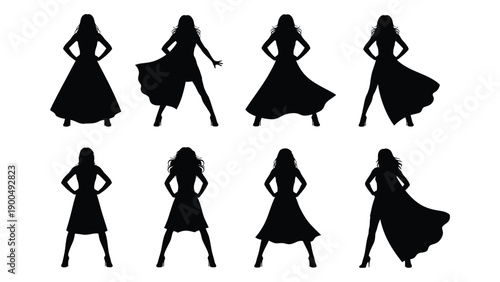 Silhouettes of women in elegant dresses showcasing various poses and styles Vector