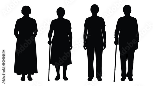 Four silhouettes of people with varying mobility aids standing together. Vector