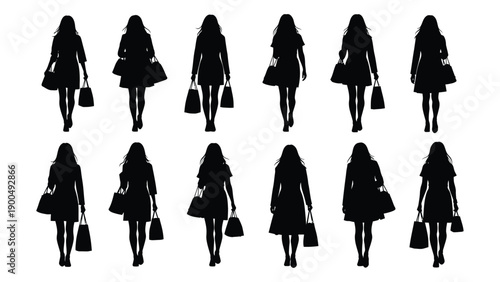 Silhouettes of women walking in a line with various hairstyles and outfits Vector
