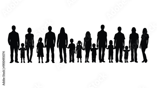 Diverse group of people standing in a line with varying heights and postures. Vector