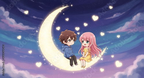 Romantic Chibi Couple Sitting On Moon