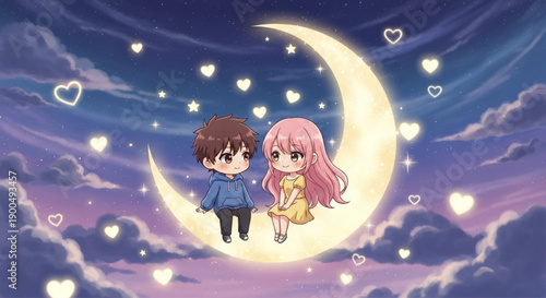 Romantic Chibi Couple Sitting On Moon