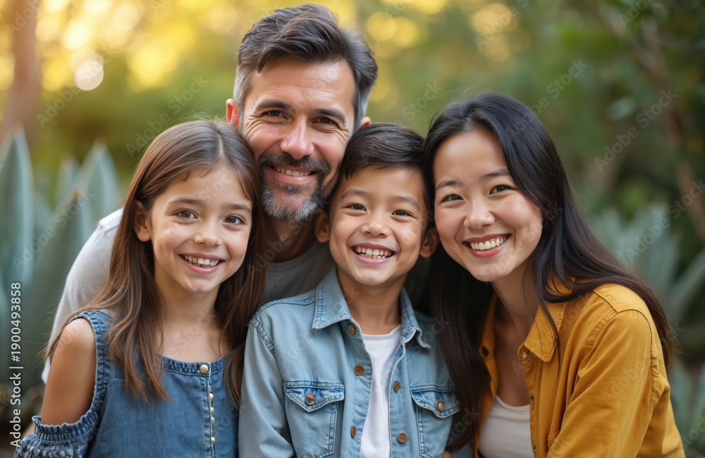 Fototapeta premium Mixed race parents and children smile outdoors. Happy family hugs tightly. Mother father and kids enjoy warm sunny day. They express love joy togetherness.