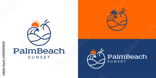 Creative simple palm beach logo template. Tropical island logo design vector illustration.
