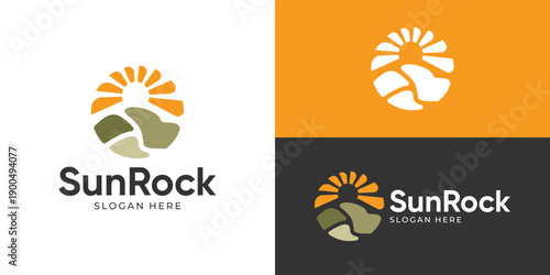 Creative simple sun rock logo template. Abstract mountain valley hills stone with sunset sunrise logo design vector illustration.