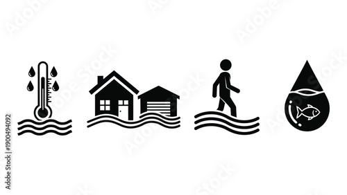 Illustrations of weather phenomena, their impacts, and preparedness measures Vector