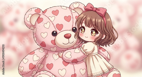 Cute Chibi Girl Hugging Giant Teddy Bear