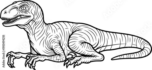 Crouching raptor dinosaur predator line illustration