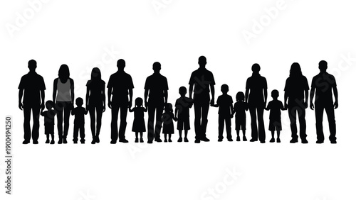 A diverse group of people standing in a line, showcasing various heights and ages. Vector