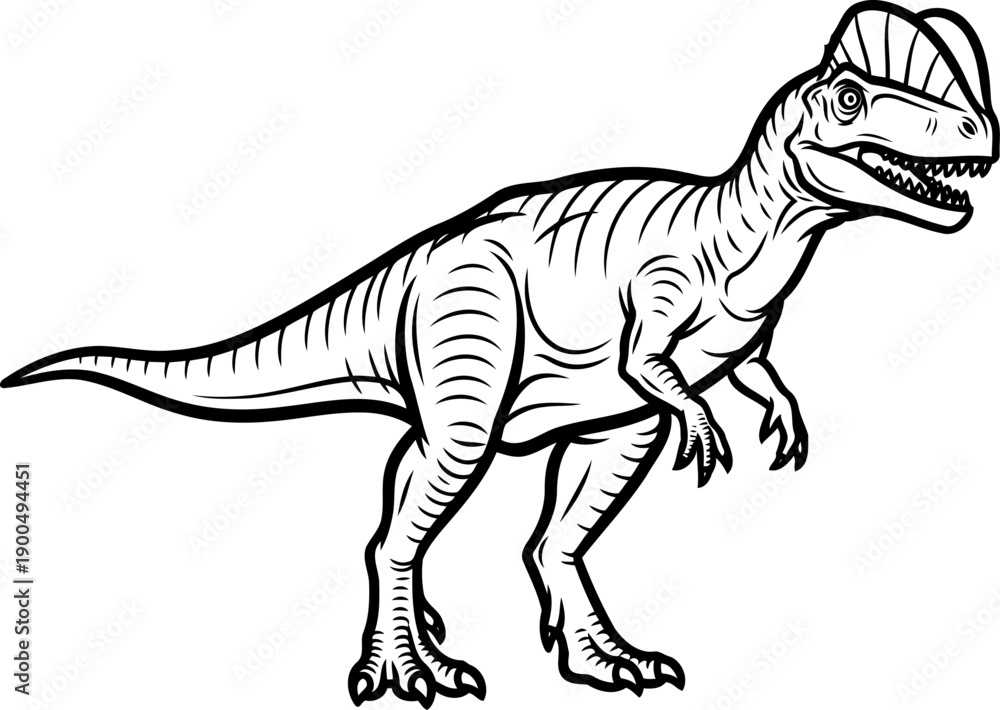 Fototapeta premium Dilophosaurus theropod dinosaur with double crest line art illustration