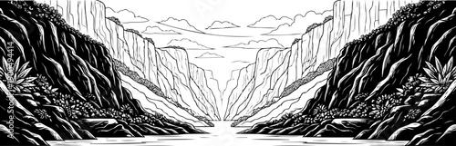 Deep prehistoric river canyon landscape illustration