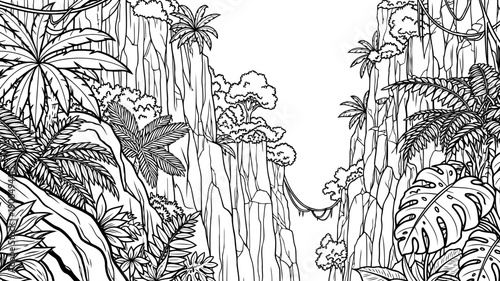 Deep prehistoric canyon valley with high cliffs and tropical jungle vegetation