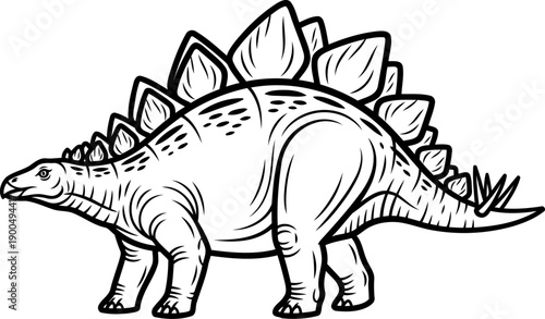 Defensive stegosaurus dinosaur with row of back plates line art graphic