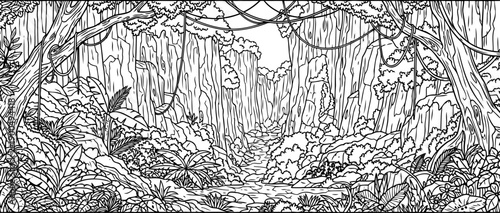 Dense prehistoric jungle canyon with vines and cliffs