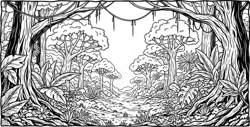 Dense prehistoric jungle landscape coloring page with tropical trees