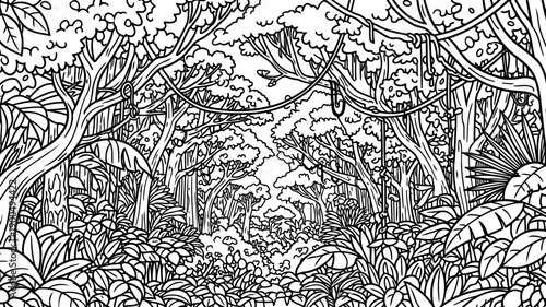 Dense jungle rainforest vegetation with vines and leaves sketch