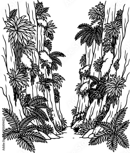 Dense prehistoric jungle forest with ferns and tall trees line art
