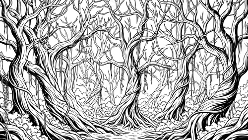 Dense jungle forest with twisted vines sketch