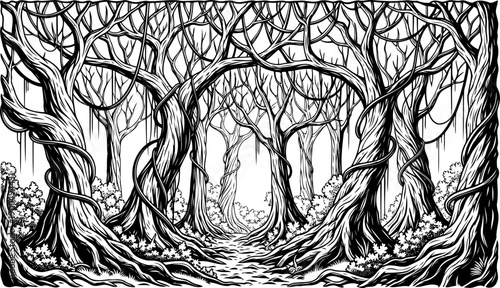 Dense prehistoric jungle forest landscape sketch