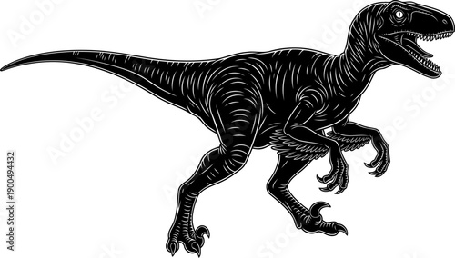 Detailed black raptor dinosaur silhouette