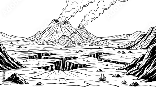Erupting volcanoes in a cracked prehistoric wasteland