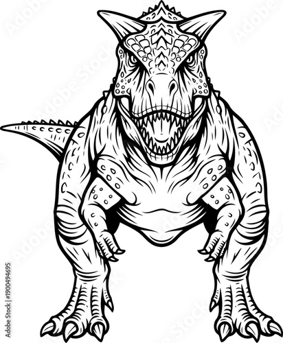 Fearsome carnotaurus dinosaur front view with horns and open mouth line art