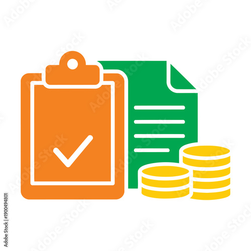 Clipboard with Checklist and Coins Stacked.