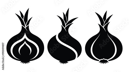 Three stylized onions with green tops in a row against a white background. Vector