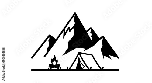 A black and white illustration of a mountain range with a tent and campfire