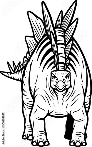 Front view aggressive stegosaurus dinosaur line art sketch