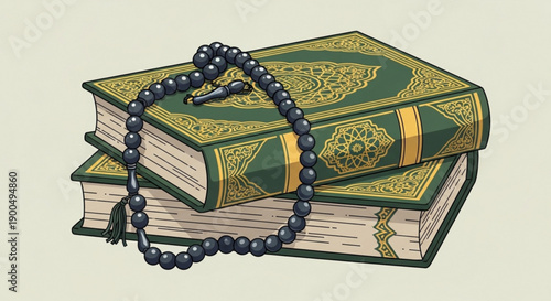 Islamic Prayer Beads on Quran Books, Green and Gold Decorative Pages, Spiritual Symbolism