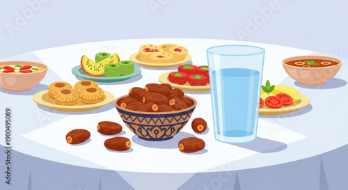 Ramadan Iftar Table with Dates and Various Dishes