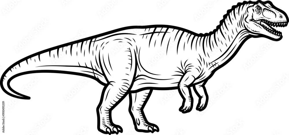 Fototapeta premium Large carnivorous dinosaur walking side view line art drawing