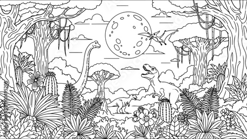 Jurassic jungle scene with full moon and various dinosaurs drawing