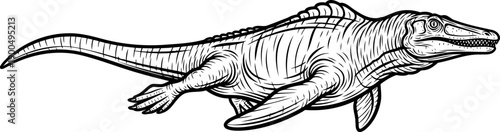 Long mosasaur creature swimming with serpentine movement and fins