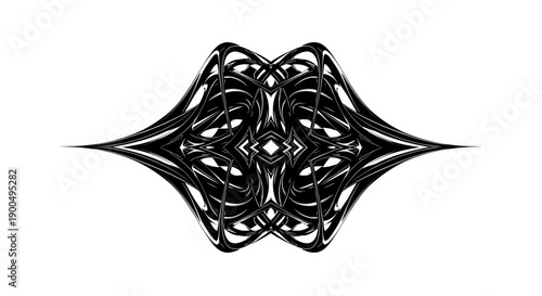 A black and white abstract design with intricate patterns and shapes
