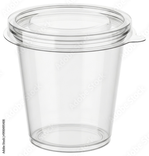 Small clear disposable plastic sauce container with lid isolated on transparent background