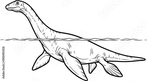 Marine plesiosaur reptile swimming with long neck above the water surface