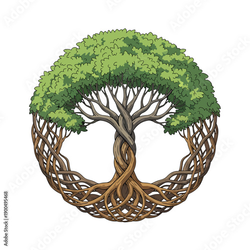 Symbolic illustration of a vibrant circular tree with intertwined roots and branches, representing growth and eternal connection.