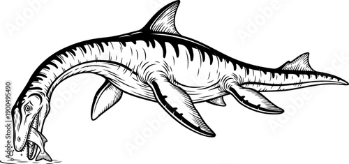Marine reptile plesiosaur hunting fish underwater line art illustration