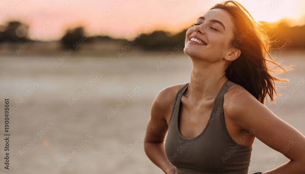 Obraz premium Happy healthy beautiful woman smiling outdoor during sunset. Closeup portrait of active young adult enjoying serene moment in nature