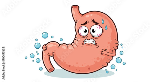 Cartoon distressed stomach illustration representing stomach bloating and gastrointestinal discomfort for digestive health blogs, medical education, gut wellness, and indigestion awareness.