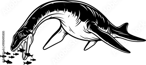 Plesiosaur marine reptile hunting school of fish