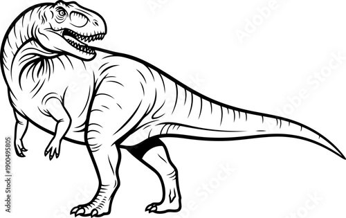 Powerful allosaurus theropod dinosaur looking back in detailed line art style