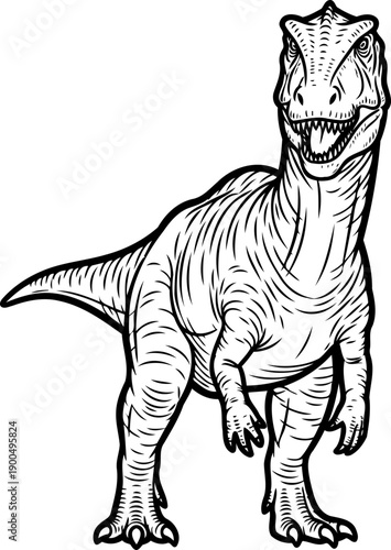 Predatory theropod dinosaur drawing in black and white