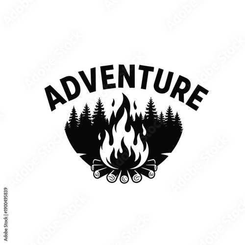 Outdoor Adventure Emblem Design with a Campfire and Forest Silhouette for Nature Enthusiasts