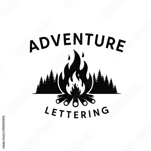 Outdoor Adventure Lettering Graphic with Forest Campfire and Pine Trees Illustration